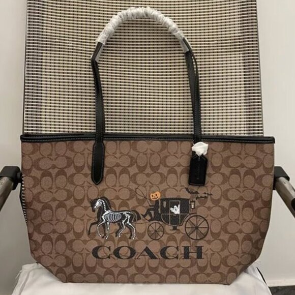 Coach City Tote In Signature Canvas With Halloween Horse And Carriage - Picture 1 of 5